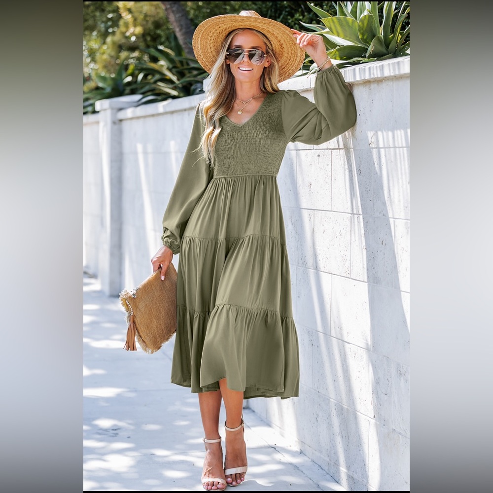 Olive green v-neck smocked maxi dress
